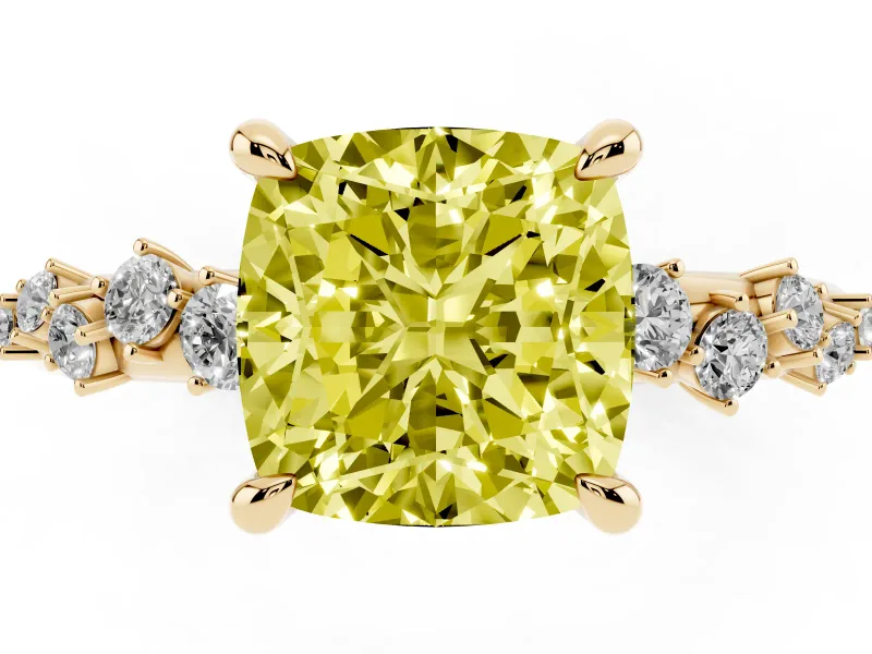 Cushion Cut Graduated Engagement Ring Setting for a Fancy Yellow Lab-Grown Diamond | Yellow Gold