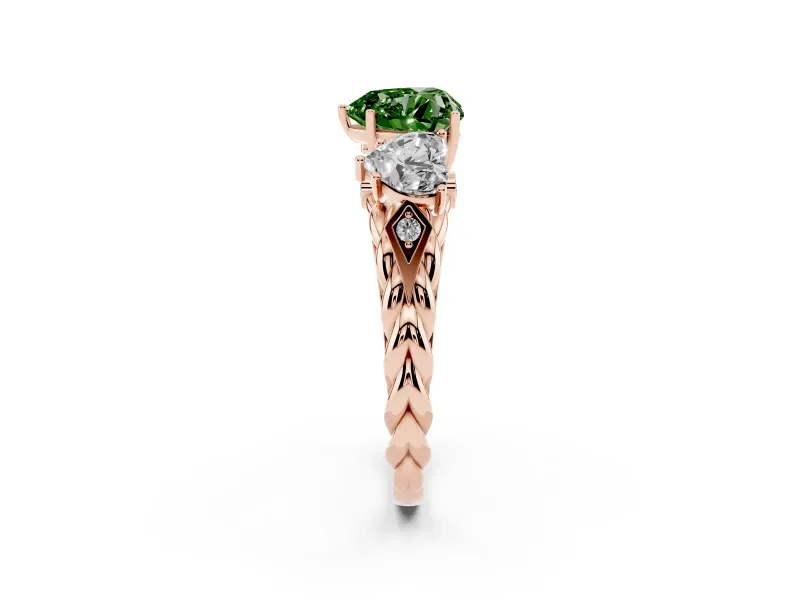 Heart-Shaped Three Stone Engagement Ring Setting for a Fancy Green Lab-Grown Diamond | Braided Band | Rose Gold