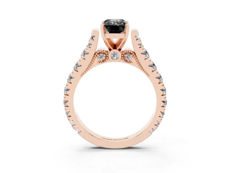 Fancy Black Emerald Cut Diamond Classic Solitaire Ring Set in Rose gold with Pavé Band and Prong Setting