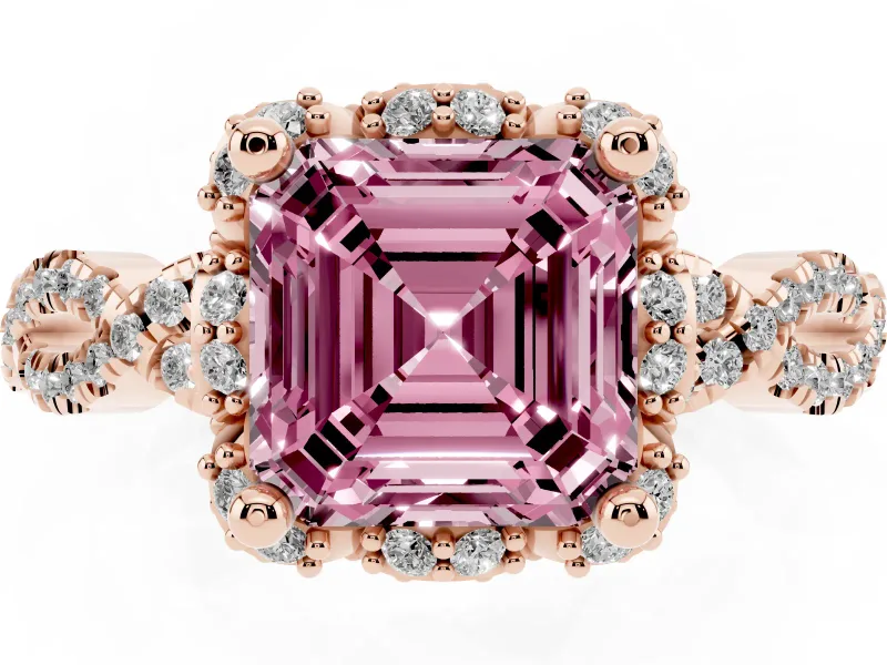 Fancy Pink Asscher Cut Diamond Halo Twist Band Solitaire Ring Set in Rose gold with Prong-Set Center Stone