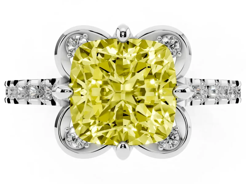 Cushion Cut Floral Petal Engagement Ring Setting for a Fancy Yellow Lab-Grown Diamond | Petal Accents | Sterling Silver