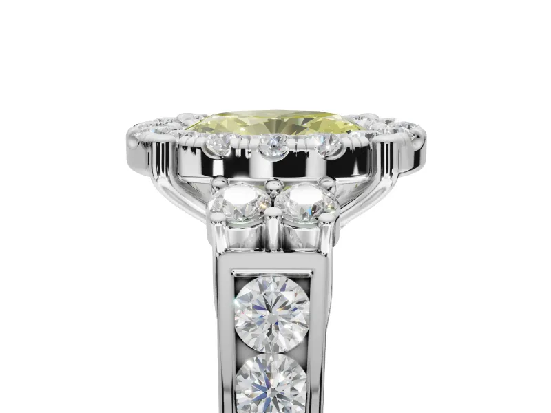 Oval Halo Engagement Ring Setting for a Fancy Yellow Lab-Grown Diamond | Side Clusters | White Gold