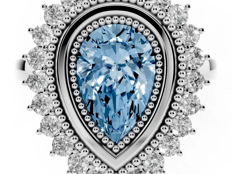 Fancy Blue Pear Cut Diamond Halo Ring Set in Platinum with Milgrain Edge and Round Prong Setting