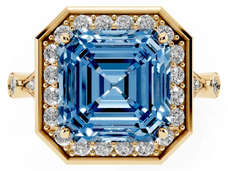 Asscher Cut Halo Engagement Ring Setting for a Fancy Blue Lab-Grown Diamond | Bezel Station Shoulders | Yellow Gold