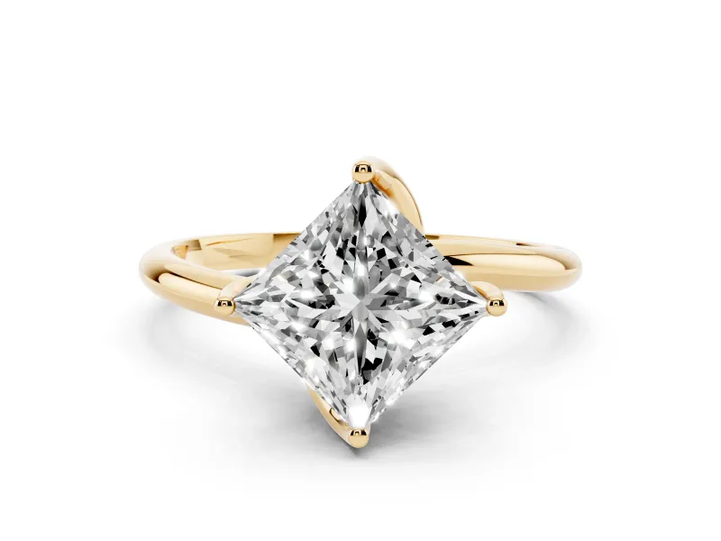 Princess Cut Diamond Solitaire Engagement Ring Set in Yellow gold with Classic Plain Band