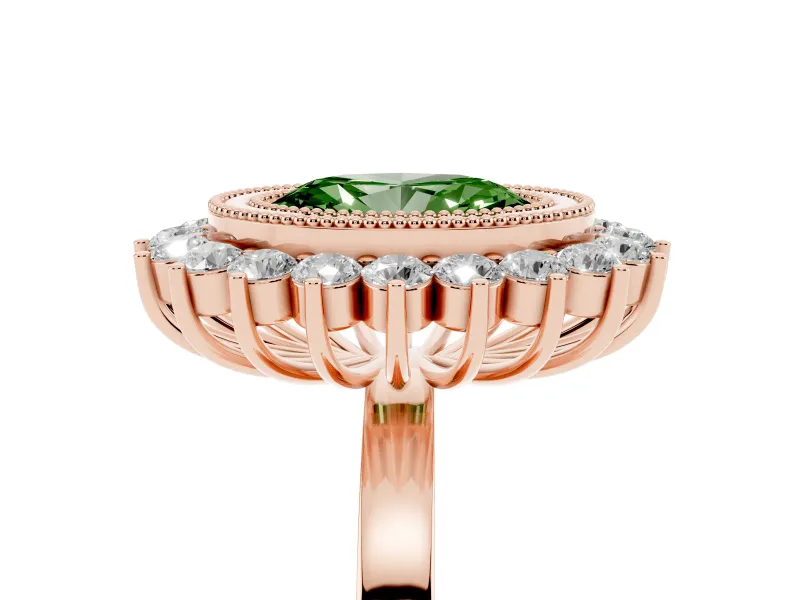 Fancy Green Oval Cut Diamond Halo Ring Set in Rose gold with Milgrain Edge and Round Prong Setting