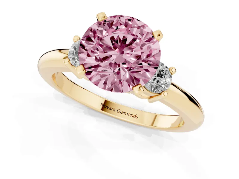 Round Three Stone Engagement Ring Setting for a Fancy Pink Lab-Grown Diamond | Round Side Stones | Yellow Gold
