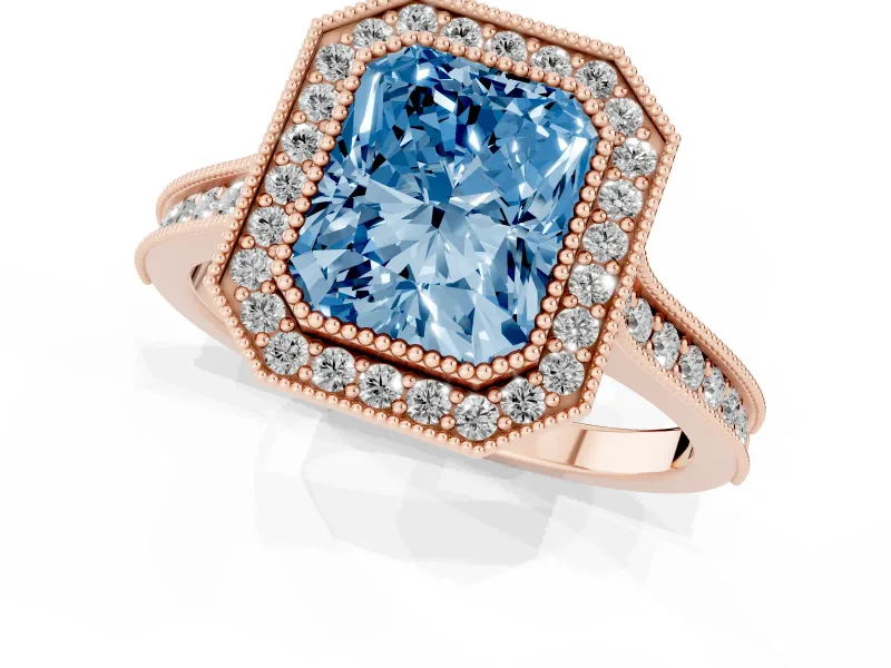 Radiant Cut Vintage Milgrain Halo Engagement Ring Setting for a Fancy Blue Lab-Grown Diamond | Bezel Head | Rose Gold