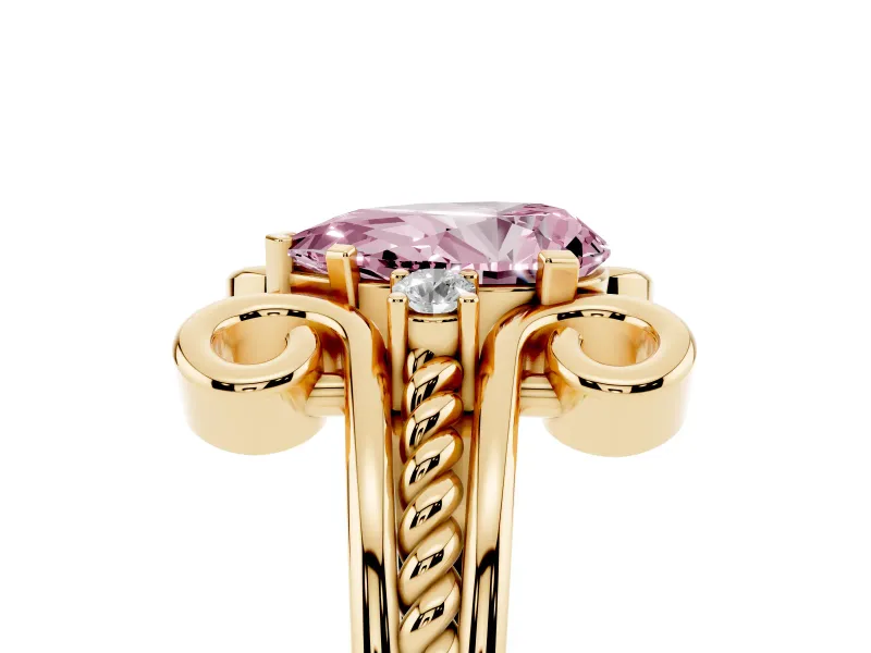 Fancy Pink Pear Cut Diamond Twisted Band Solitaire Ring Set in Yellow gold with Scroll Prongs