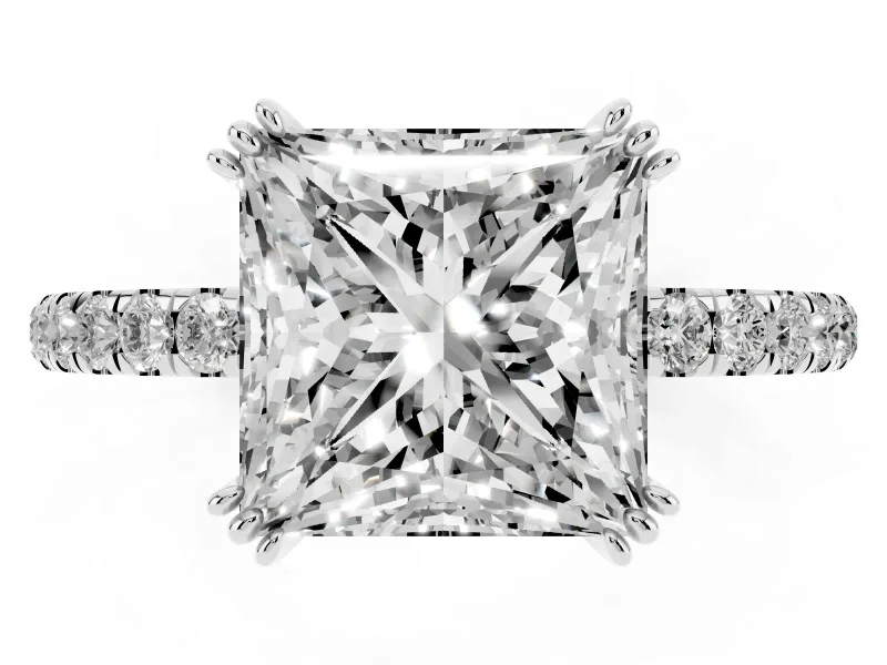 Princess Cut Diamond Brilliant Solitaire Set in Silver with Pavé Band and Claw Prong Setting