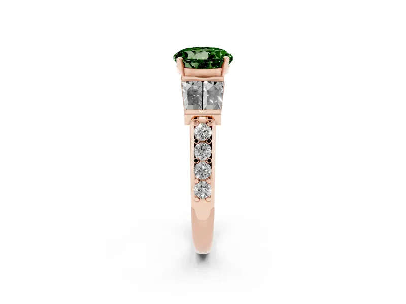 Fancy Green Round Cut Diamond Engagement Ring Set in Rose gold with Baguette Side Stones and Channel Set Band