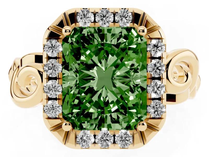Fancy Green Radiant Cut Diamond Halo Ring Set in Yellow gold with Scrollwork Band and Prong Setting