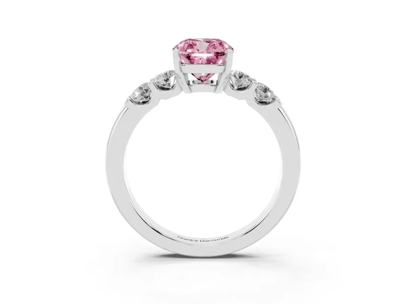 Fancy Pink Cushion Cut Diamond Five-Stone Prong Set Engagement Ring Set in Platinum with Channel Band