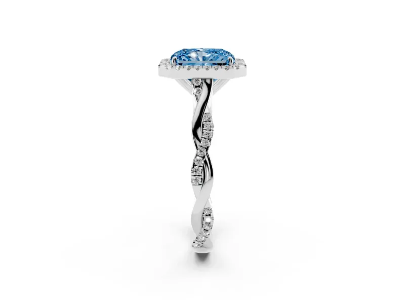 Radiant Cut Twist Halo Engagement Ring Setting for a Fancy Blue Lab-Grown Diamond | Platinum