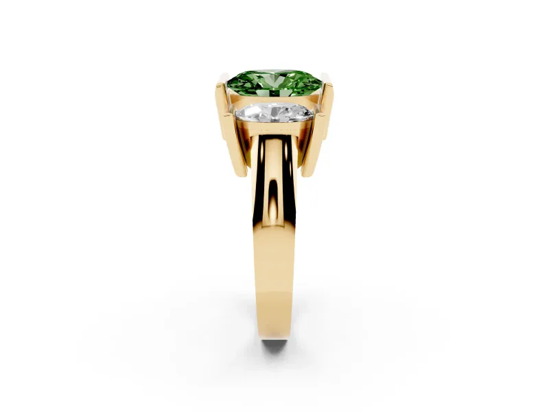 Oval Channel-Set Three Stone Engagement Ring Setting for a Fancy Green Lab-Grown Diamond | Wide Flat Band | Yellow Gold