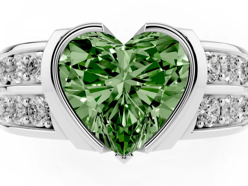Heart-Shaped Half Bezel Engagement Ring Setting for a Fancy Green Lab-Grown Diamond | Channel Band | Sterling Silver