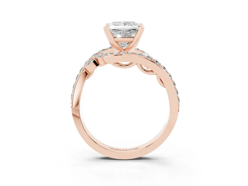 Princess Cut Diamond Solitaire Ring Set in Rose gold with Pavé Twist Band and Secure Prong Setting