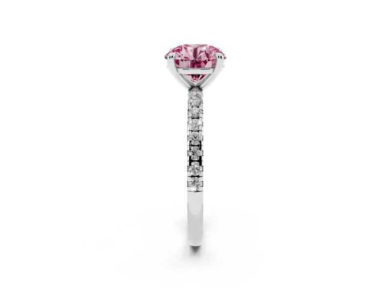 Fancy Pink Round Cut Diamond Brilliant Solitaire Ring Set in White gold with Pavé Band and Prong Setting