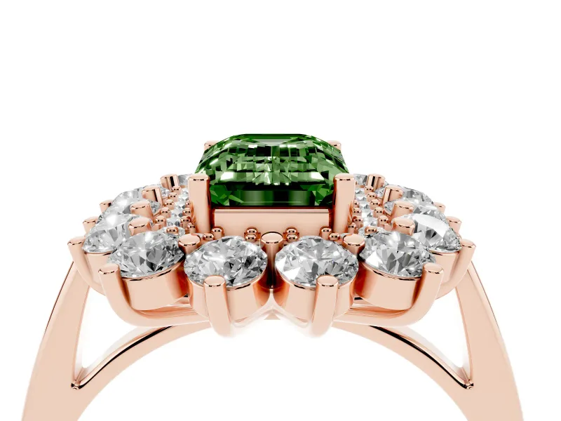 Emerald Cut Floral Double Halo Engagement Ring Setting for a Fancy Green Lab-Grown Diamond | Plain Band | Rose Gold