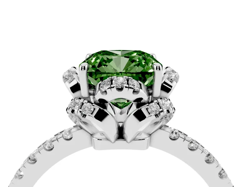 Fancy Green Cushion Cut Diamond Halo Pavé Band Ring Set in Platinum with Prong-Held Center