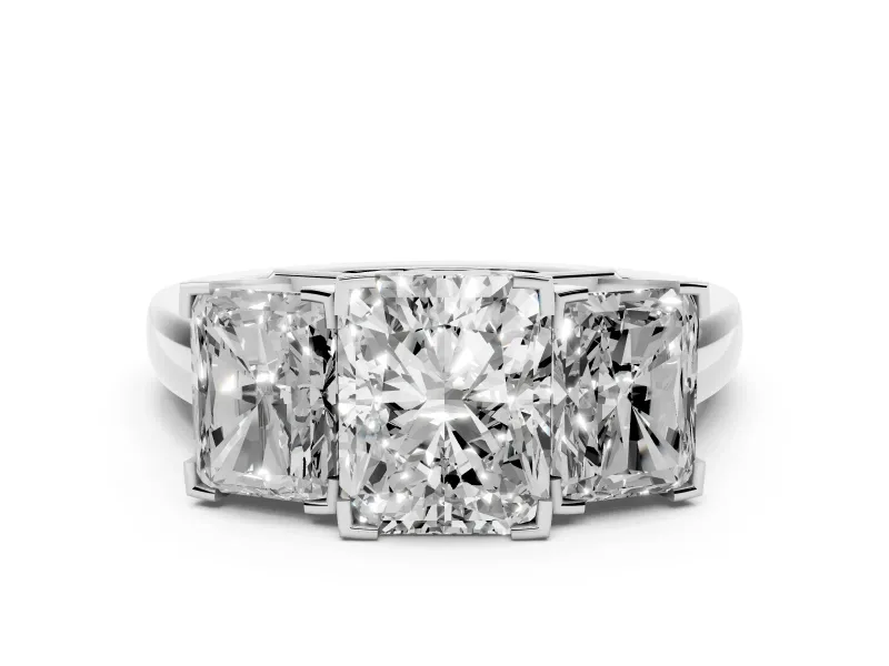 Radiant Cut Diamond Three-Stone Ring Set in Platinum with Channel-Set Band and Prong Settings