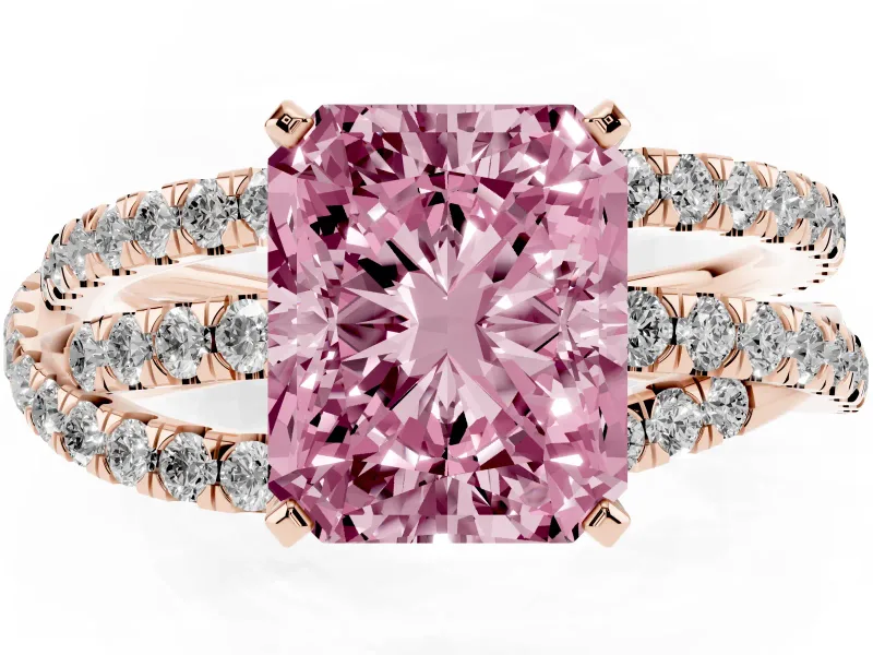 Fancy Pink Radiant Cut Diamond Solitaire Twist Band Ring Set in Rose gold with Pavé Setting and Prong Head