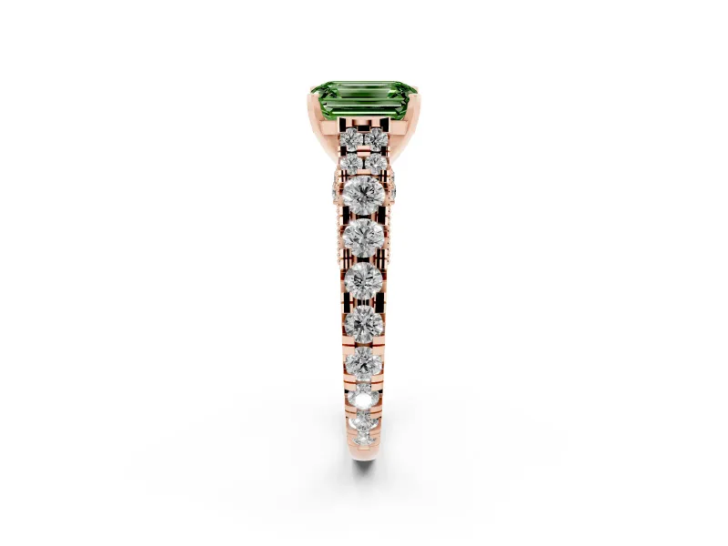 Emerald Cut Graduated Cathedral Engagement Ring Setting for a Fancy Green Lab-Grown Diamond | Side Stones | Rose Gold