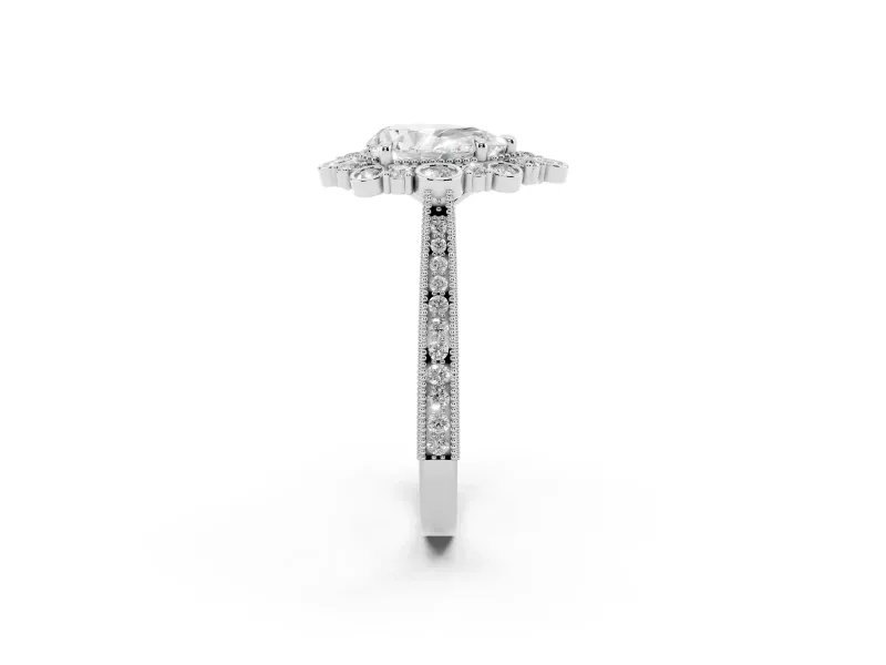 Pear Cut Diamond Halo Milgrain Pavé Ring Set in Platinum with Prong Setting