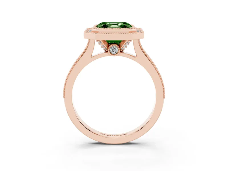 Asscher Cut Vintage Milgrain Halo Engagement Ring Setting for a Fancy Green Lab-Grown Diamond | Bezel Head | Rose Gold
