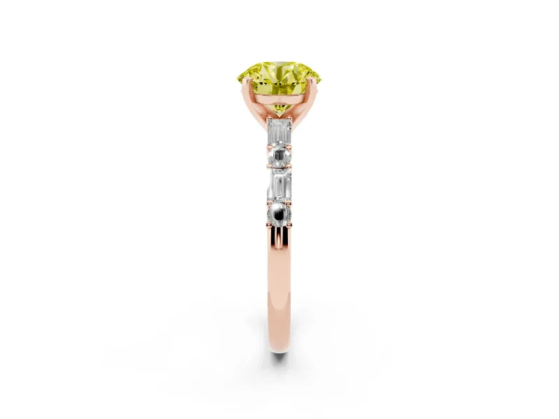 Round Baguette Side Stone Engagement Ring Setting for a Fancy Yellow Lab-Grown Diamond | Rose Gold