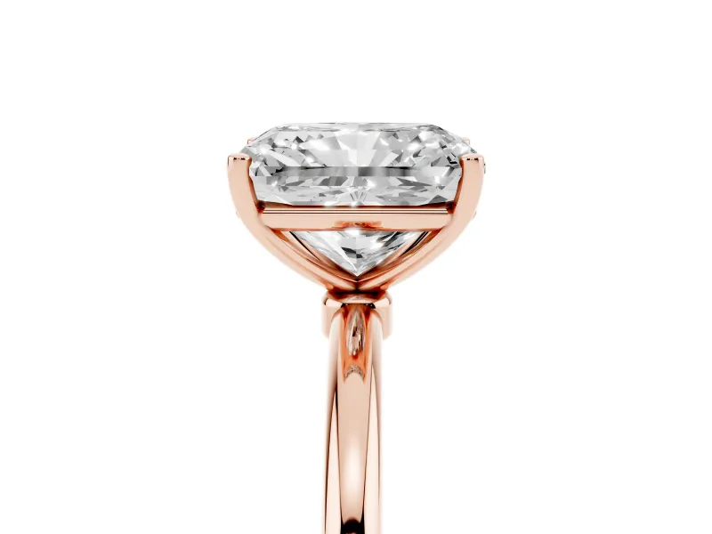 Radiant Cut Diamond Solitaire Engagement Ring Set in Rose gold with Thin Band and Prong Setting