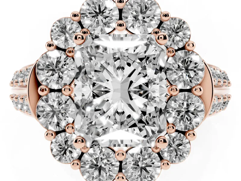 Radiant Cut Diamond Halo Engagement Ring Set in Rose gold with Split Shank and Prong Setting