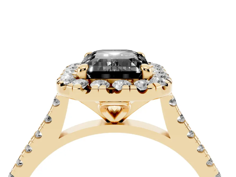 Emerald Cut Halo Engagement Ring Setting for a Black Center | Tapered Band | Yellow Gold