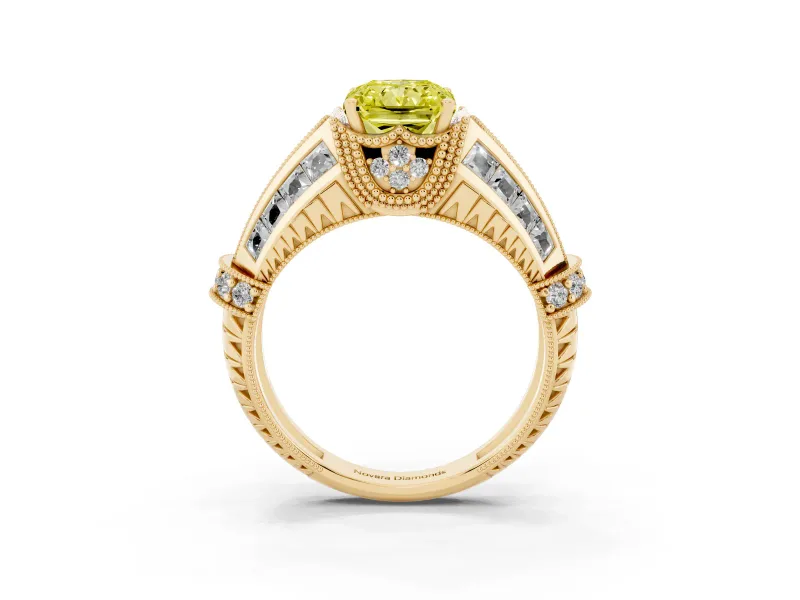 Fancy Yellow Radiant Cut Diamond Vintage-Inspired Milgrain Ring Set in Yellow gold with Accent Split Shank