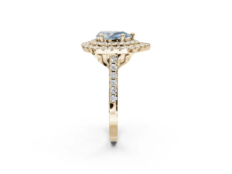 Fancy Blue Pear-Shaped Lab-Grown Diamond Double Halo Statement Ring Set in Yellow Gold with Pavé Band