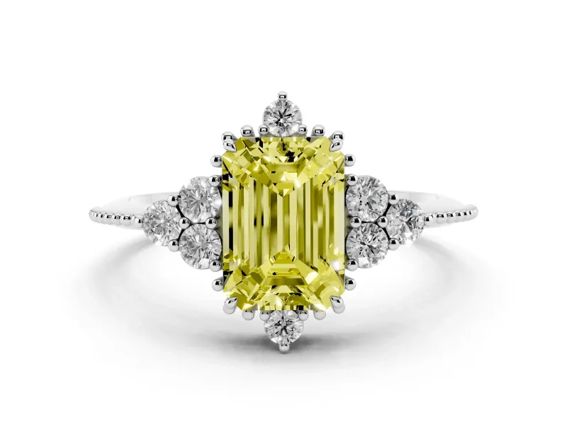Fancy Yellow Emerald Cut Diamond Cluster Ring Set in Platinum with Beaded Band