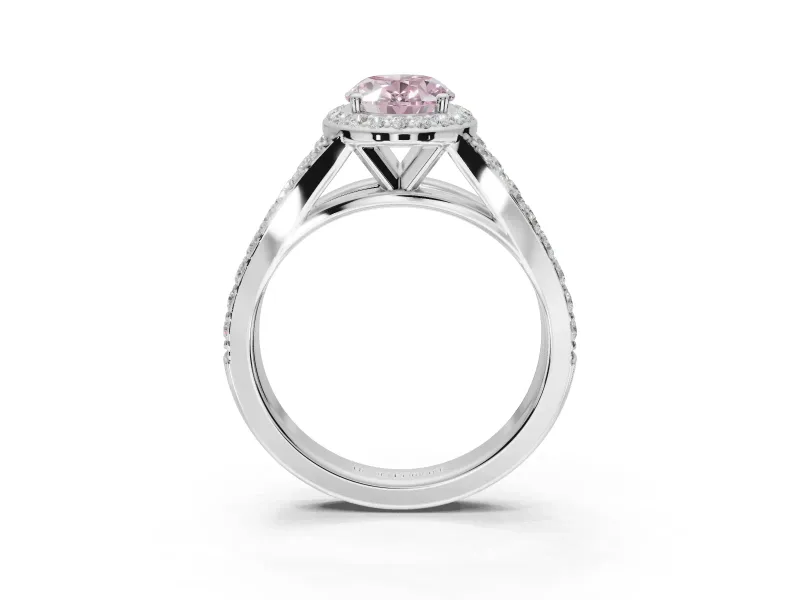 Oval Halo Pavé Engagement Ring Setting for a Fancy Pink Lab-Grown Diamond | Narrow Split Shank | Platinum