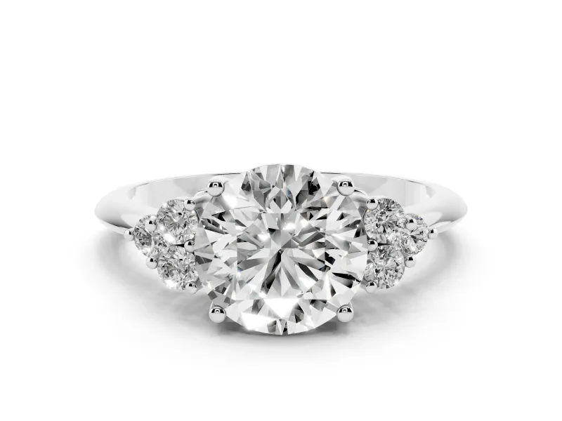 Round Cut Diamond Cluster Ring Set in Platinum with Plain Band and Prong Setting