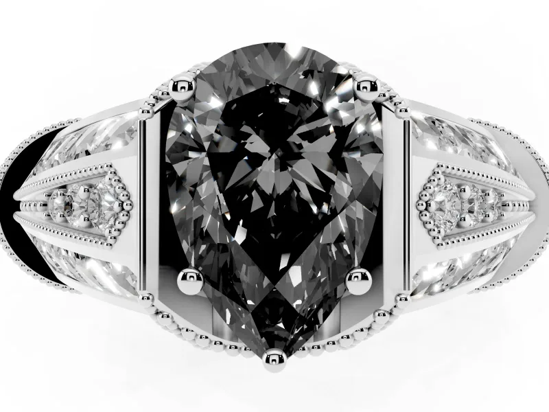 Fancy Black Pear Cut Diamond Vintage-Inspired Milgrain Ring Set in Platinum with Accent Split Shank