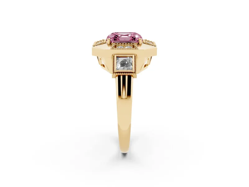 Fancy Pink Asscher Cut Diamond Milgrain Halo Ring Set in Yellow gold with Split Shank