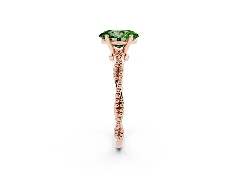Fancy Green Oval Cut Diamond Solitaire Ring Set in Rose gold with Twisted Band and Bead Prong Setting