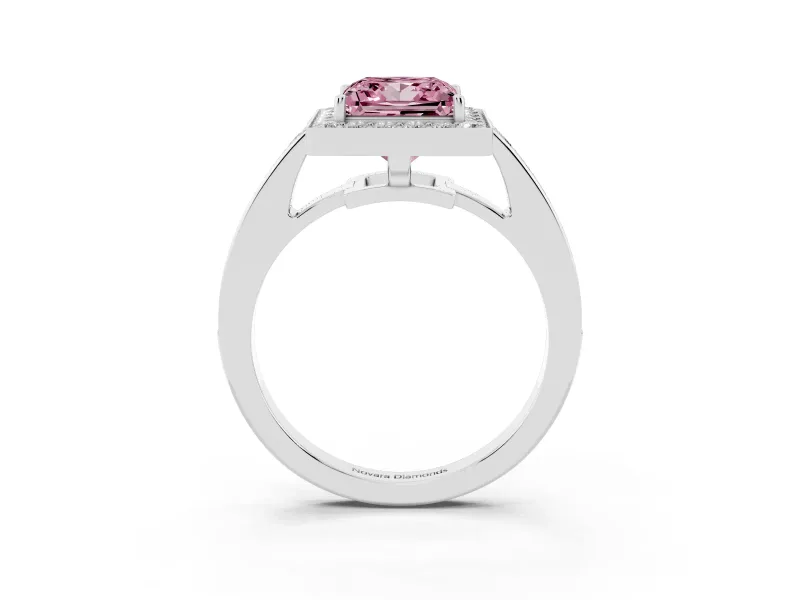 Fancy Pink Princess Cut Diamond Halo Pavé Engagement Ring Set in White gold with Bezel Setting