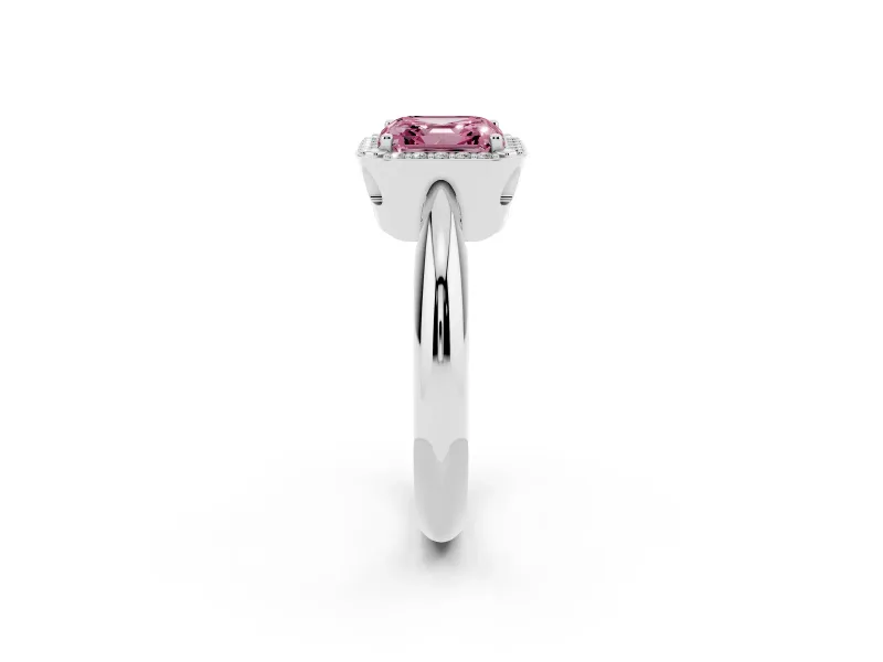 Fancy Pink Asscher Cut Diamond Halo Engagement Ring Set in White gold with Plain Split Shank and Prong Setting