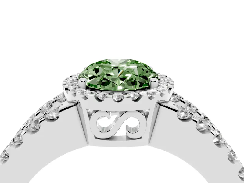 Fancy Green Oval Cut Diamond Halo Ring Set in Silver with Pavé Split Shank and Prong Setting