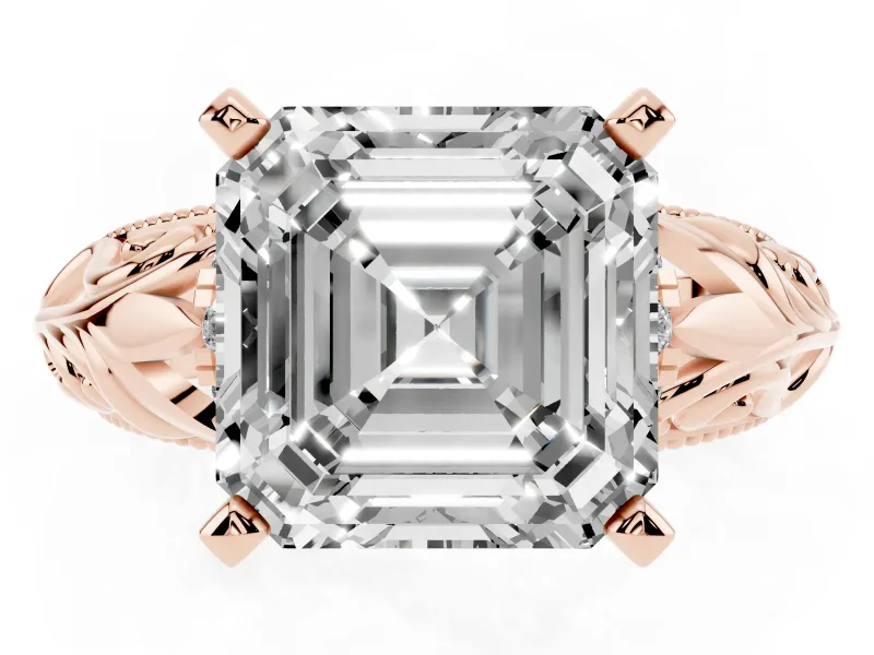 Asscher Cut Diamond Filigree Halo Engagement Ring Set in Rose gold with Prong Setting