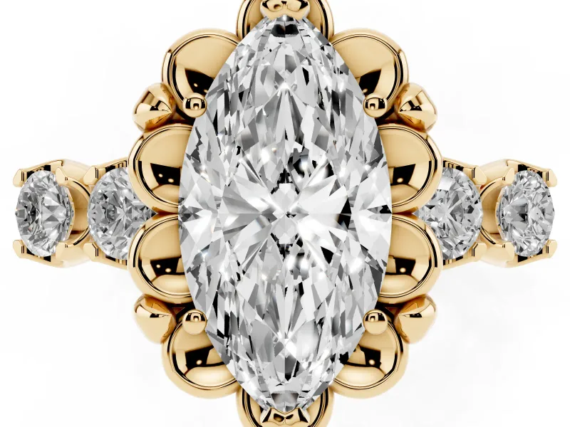 Marquise Floral Engagement Ring Setting | Petal Frame and Side Stones | Yellow Gold