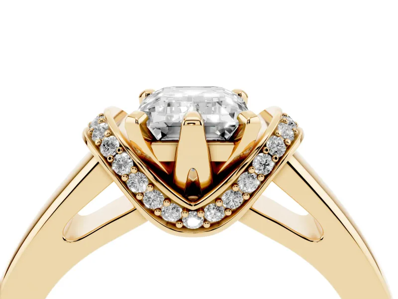 Emerald Cut Pavé Collar Solitaire Engagement Ring Setting | Wide Polished Band | Yellow Gold