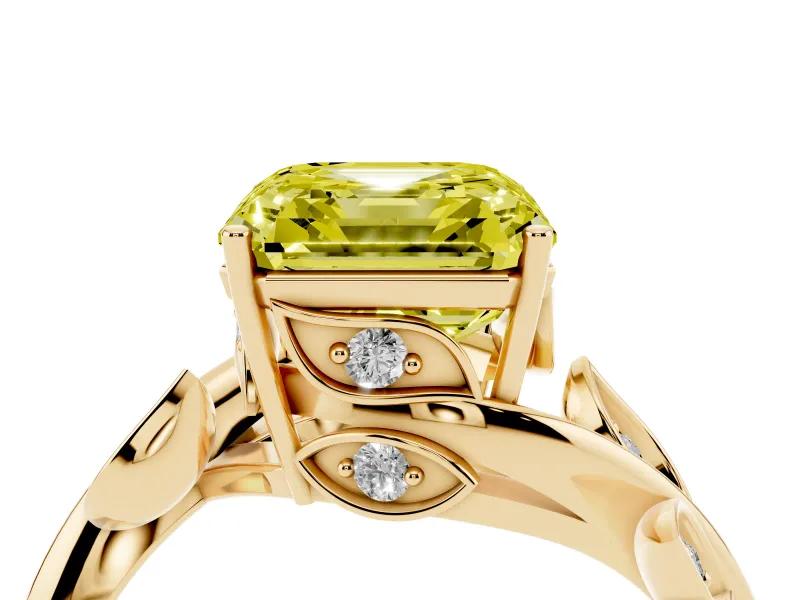 Asscher Cut Twisted Bypass Engagement Ring Setting for a Fancy Yellow Lab-Grown Diamond | Accented Leaves | Yellow Gold