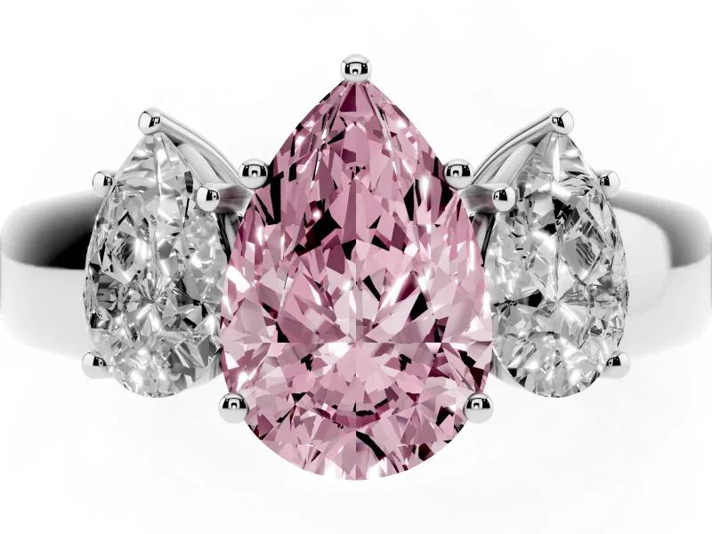 Fancy Pink Three-Stone Pear Cut Diamond Ring Set in White gold with Matching Prong Settings and Plain Band