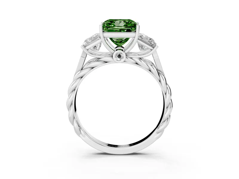Fancy Green Princess Cut Diamond Three-Stone Ring Set in Platinum with Braided Band